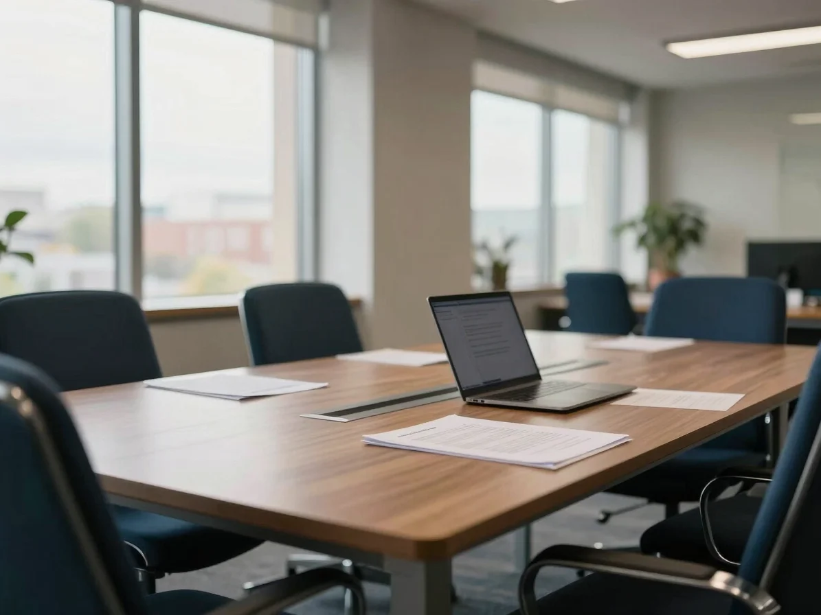 Wide shot of a contemporary corporate office interior, focus on a