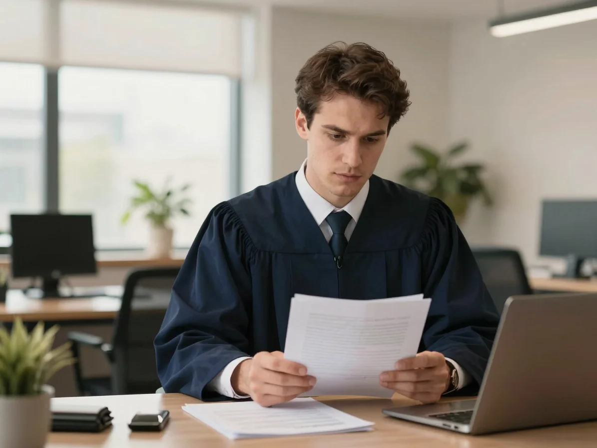 Spontaneous professional portrait of a lawyer reviewing documents